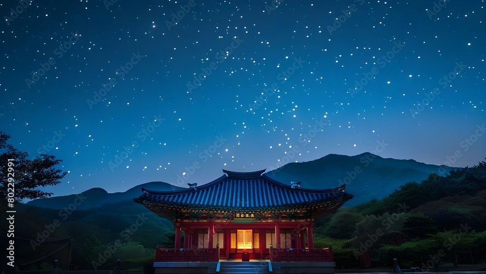 Timelapse of a Majestic Mountain Shrine Temple Under a Starry Night Sky. Concept Nature Photography, Astrophotography, Timelapse Videos, Night Photography, Landscape Photography