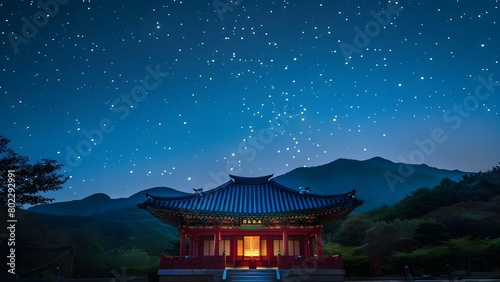 Timelapse of a Majestic Mountain Shrine Temple Under a Starry Night Sky. Concept Nature Photography, Astrophotography, Timelapse Videos, Night Photography, Landscape Photography