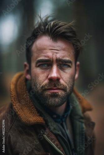 Portrait of a man with a beard in the autumn forest