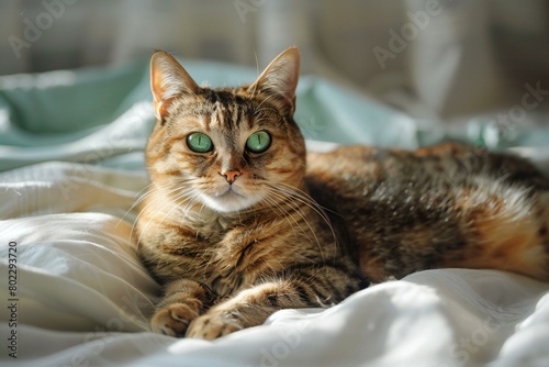 Cute cat with green eyes lying on bed at home, closeup