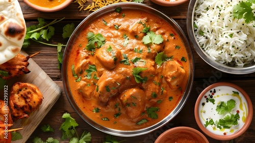 Savor a Mouthwatering Indian Spread Featuring Chicken Tikka Masala, Tandoori Chicken, and Appetizers. Concept Indian Cuisine, Chicken Tikka Masala, Tandoori Chicken, Appetizers, Mouthwatering Spread