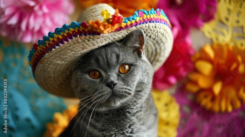 A gray British shorthair cat wearing an sombrero, sitting in front of colorful flowers and surrounded by Mexican decorations. Cinco de Mayo