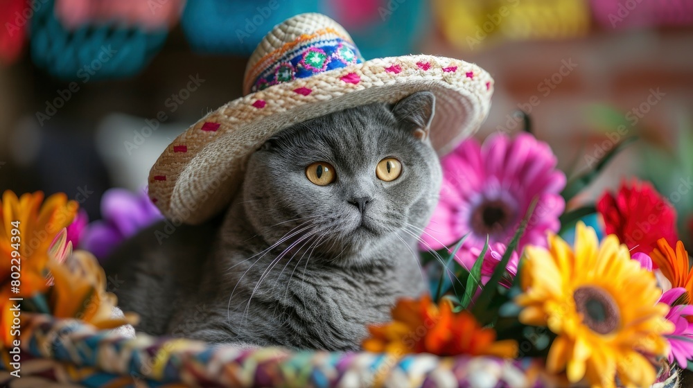 A gray British shorthair cat wearing an sombrero, sitting in front of colorful flowers and surrounded by Mexican decorations. Cinco de Mayo