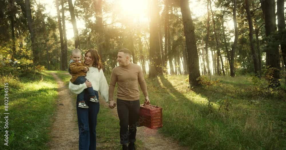 Family Picnic Walk in Forest at Sunset, Slow Motion Family Picnic Walk in Forest at Sunset, Slow Motion