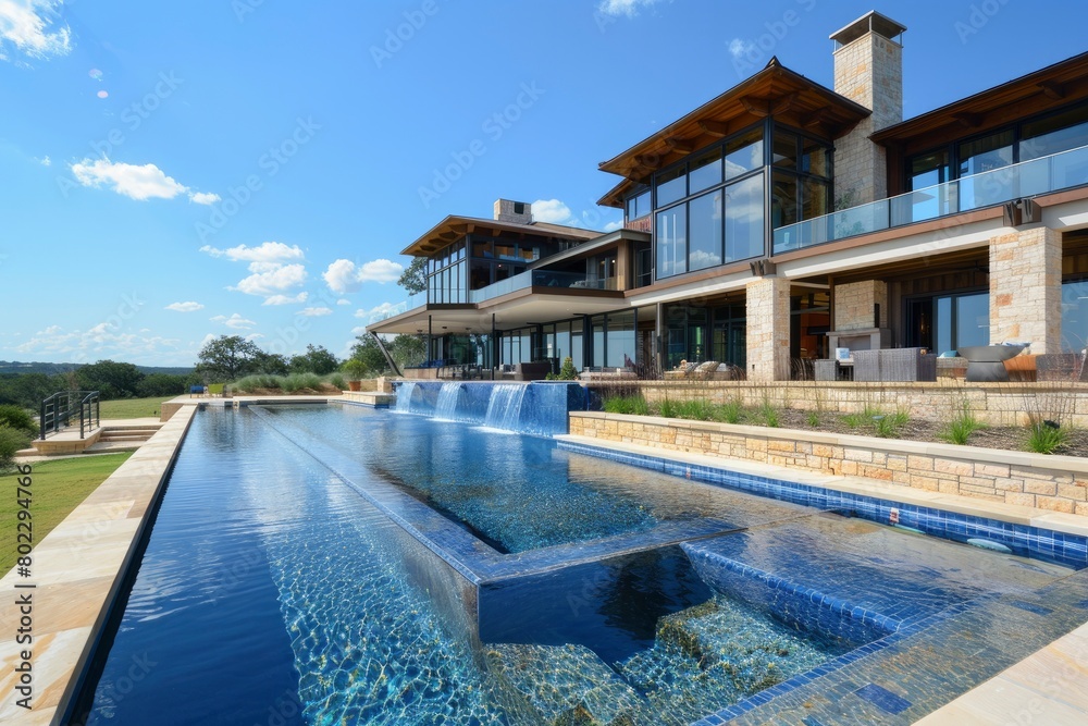 A large luxury home with  a blue water pool and green grass areas.