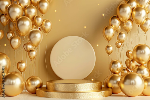 Gold podium pedestal product stand with golden birthday party balloon. Pedestal empty three, circle wall shape, stand platform composition, perfume product presentation