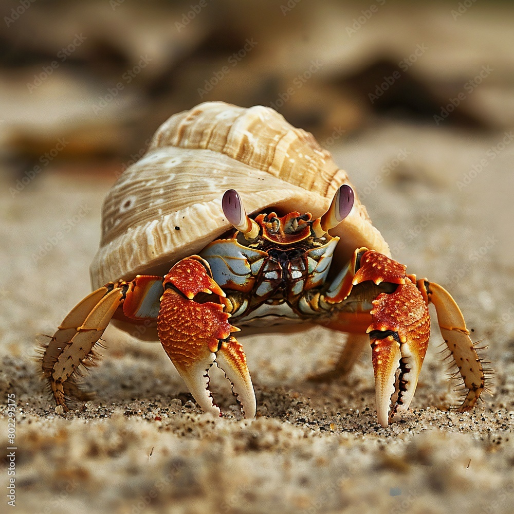 Hermit crab walking on the sand at the beach,   illustration