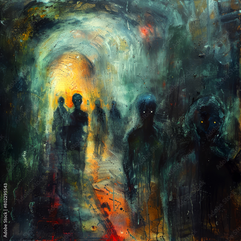 Mysterious and haunting depiction of shadowy figures in a dark, atmospheric life tunnel