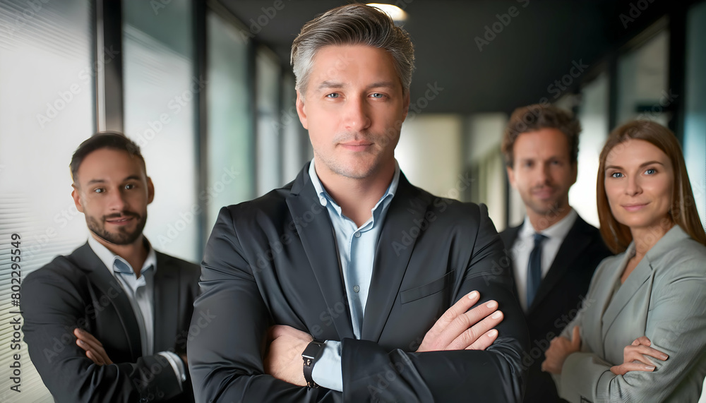 Office team, meeting or portrait of businessman with arms crossed for leadership on digital art concept, Generative AI. Office team, meeting or portrait of businessman with arms crossed for leadership on digital art concept, Generative AI.