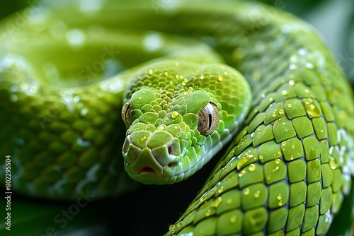 Close up of a green tree python (Python reticulatus)