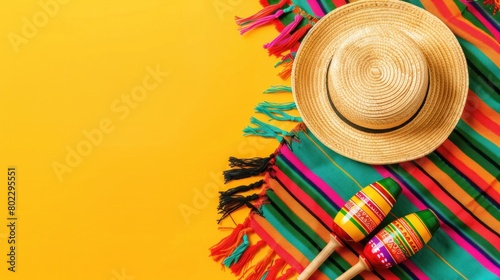 Cinco-de-mayo carnival concept. Top view photo of sombrero colorful striped poncho and couple of maracas on isolated vibrant yellow background with blank space
