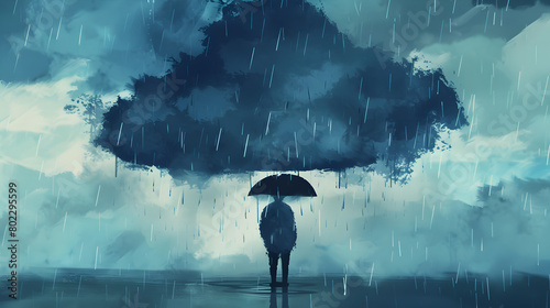 Illustration of a dark cloud raining on a person to represent sadness.


 photo