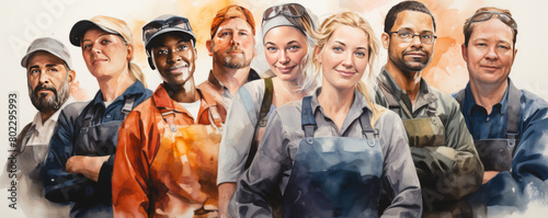 Artistic watercolor portrait of a diverse professional team, showcasing unity and cooperation