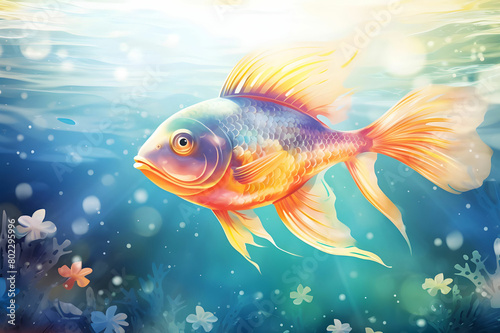 the multi-color fish under blue water wave with bubbles and sun rays on sea bottom realistic background © Zeeshan