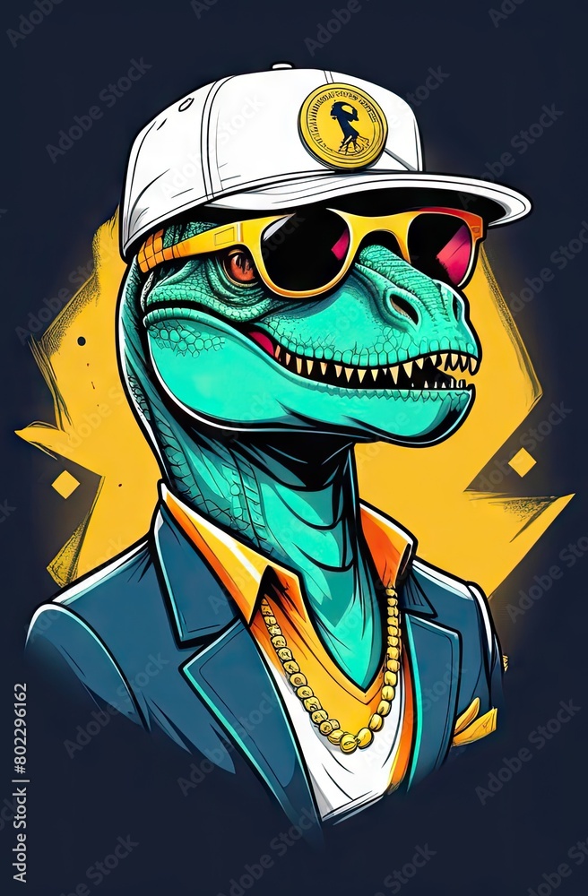 Trendy t-rex dino rocks sunglasses, gold chain, jacket, and white hat in hip hop fashion on black background. Great for trendy t-shirts, bags, and notebooks.
