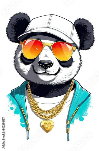 Cool panda dons sunglasses, gold chain, hat in hip hop style. Ideal for fashion-forward t-shirts, bags, and notebook covers.