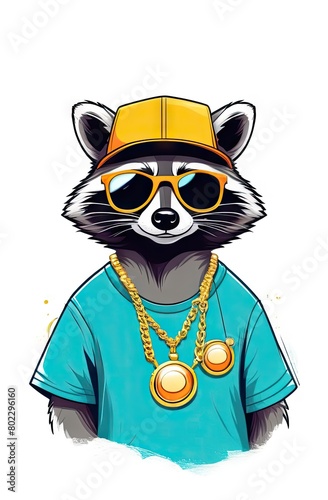 Cool raccoon dons sunglasses, gold chain, tee, hat in hip hop style on white background. Ideal for fashion-forward t-shirts, bags, and notebook covers.