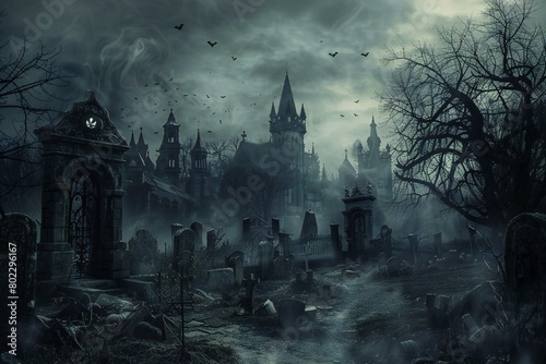 Scary halloween background with haunted castle and graveyard, render
