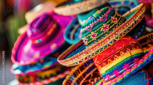 Colorful Mexican sombrero souvenirs for sale in Yucatan  Riviera Maya  Latin America. Mexico travel background