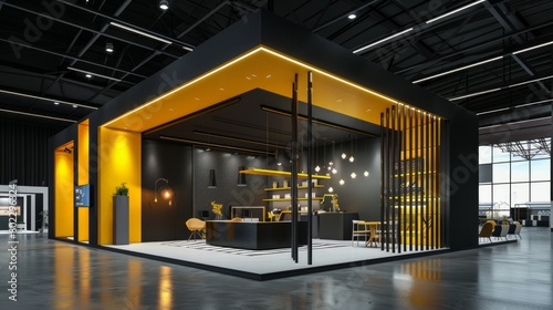 Exhibition stand with complex construction, in black and yellow colors, lot of furniture, good lighting, modern style high contrast cinematic lighting