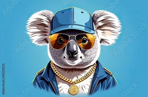 Stylish koala bear with swag wears sunglasses, gold chain, blue shirt, and blue hat. Hip hop style koala bear.Great for fashion-forward clothing, bags, and notebooks.