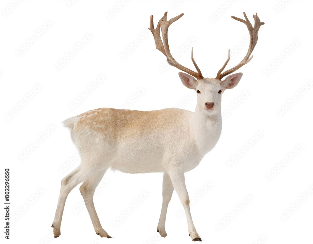 Albino Hirsch auf vier beinen isoliert auf weißen Hintergrund, Freisteller Albino Hirsch auf vier beinen isoliert auf weißen Hintergrund, Freisteller