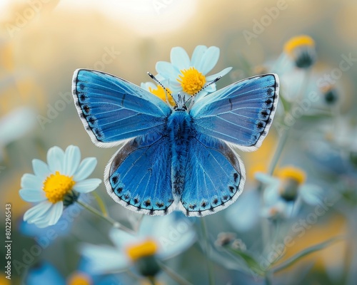 A bright blue butterfly perched delicately on a flower, with everything else softly out of focus, no grunge, splash, dust, white background