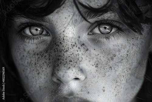 Close up portrait of a beautiful girl with black hair and freckles