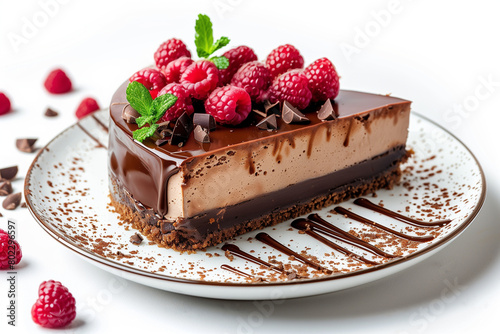 chocolate cheesecake on a plate, white background, Generative AI photo
