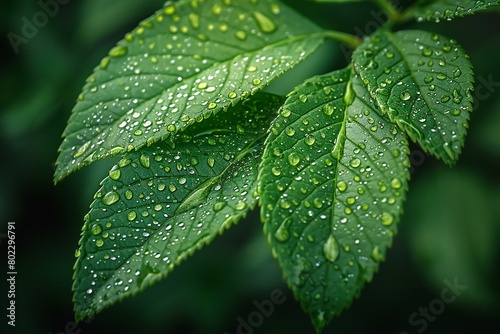 Green leaves with drops of water after the rain, Nature background