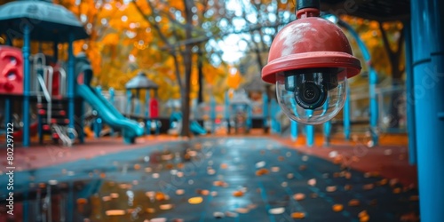 Surveillance camera on the playground, children's safety. Generative AI photo