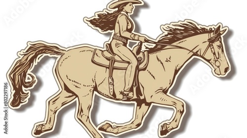 A cowgirl on horseback against a white background © MSTSANTA