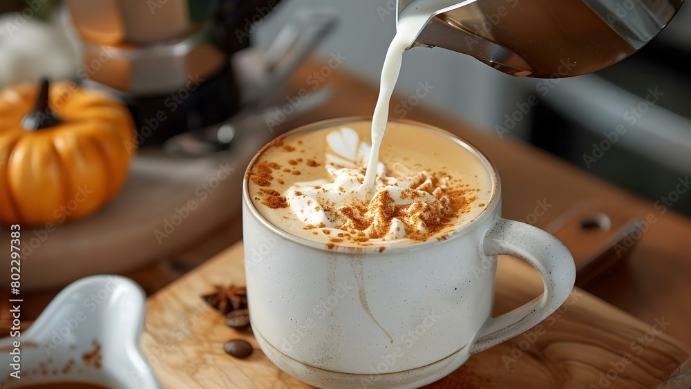 Mixing warm milk with pumpkin spice coffee and whipped foam in the kitchen. Concept Cooking, Fall Recipes, Coffee Drinks, Homemade Foam, Seasonal Beverages Mixing warm milk with pumpkin spice coffee and whipped foam in the kitchen. Concept Cooking, Fall Recipes, Coffee Drinks, Homemade Foam, Seasonal Beverages