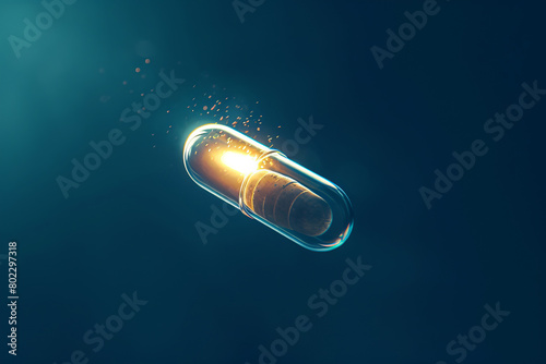 Gold pill falling on blue background. Capsules in air. Antidepressant and vitamin-themed flying pills especially ascription capsules