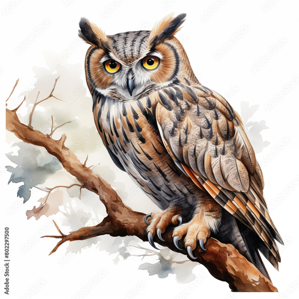 Naklejka premium A watercolor owl with white background