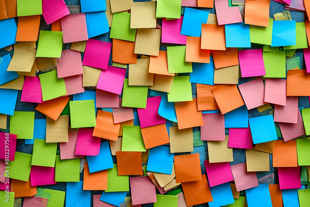 Lot of blank square paper multicolored stickers on a white wall, close up. Wall covered with adhesive notes. To do list or reminder concept. Lot of blank square paper multicolored stickers on a white wall, close up. Wall covered with adhesive notes. To do list or reminder concept.