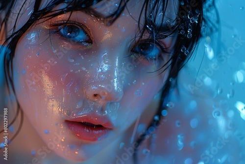 Close-up portrait of a beautiful young brunette woman with wet hair