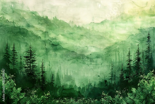 Mountain landscape with coniferous forest in the mist,  Digital painting photo