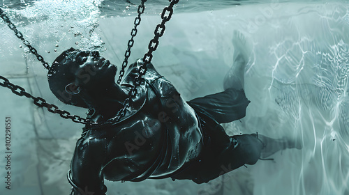 Illustration of a person wrapped in chains underwater to depict suffocation.


