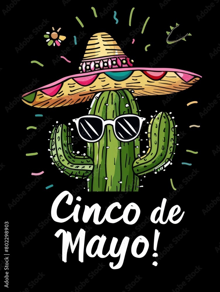 Cinco De Mayo holiday tshirt design concept of cactus with sombrero hat and sunglasses, with the text Cinco de Mayo!, on black background