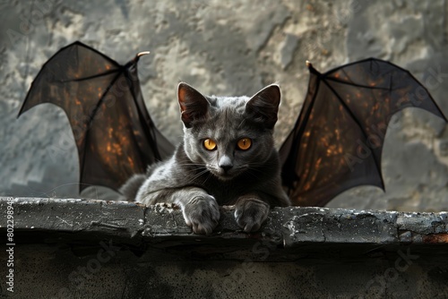 A gray kitten with bat wings crouches on a ledge, its face mysteriously obscured photo