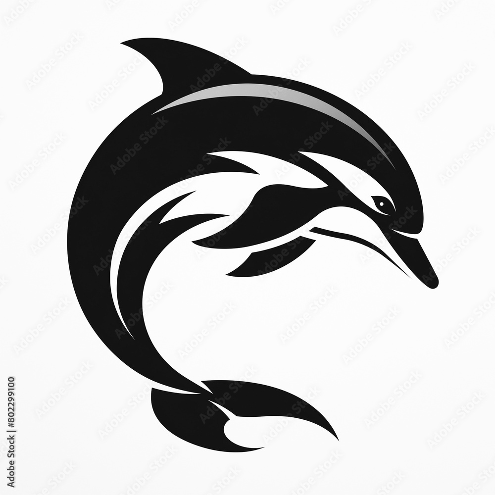 Obraz premium Dolphin black and white illustration. Dolphin drawing logo poster. Dolphin silhouette minimalist graphic design style. AI artwork.