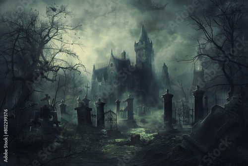 Gothic castle and graveyard in the fog, Halloween background