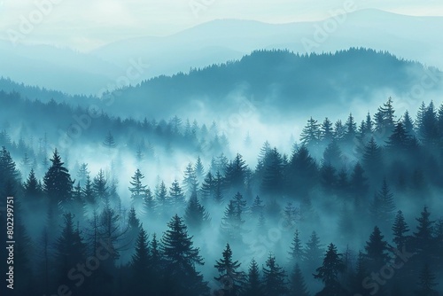 Foggy forest in the mountains, Misty foggy morning