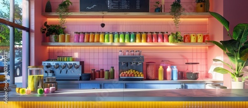 Vibrant D Rendering of an Inviting Juice Bar A Fresh and Colorful Take on Healthy Living © Sittichok