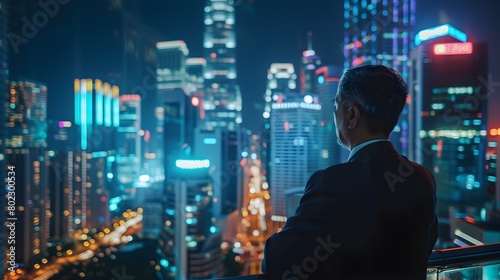 Mature Trader Overlooking Bustling City Skyline at Night Feeling Accomplished