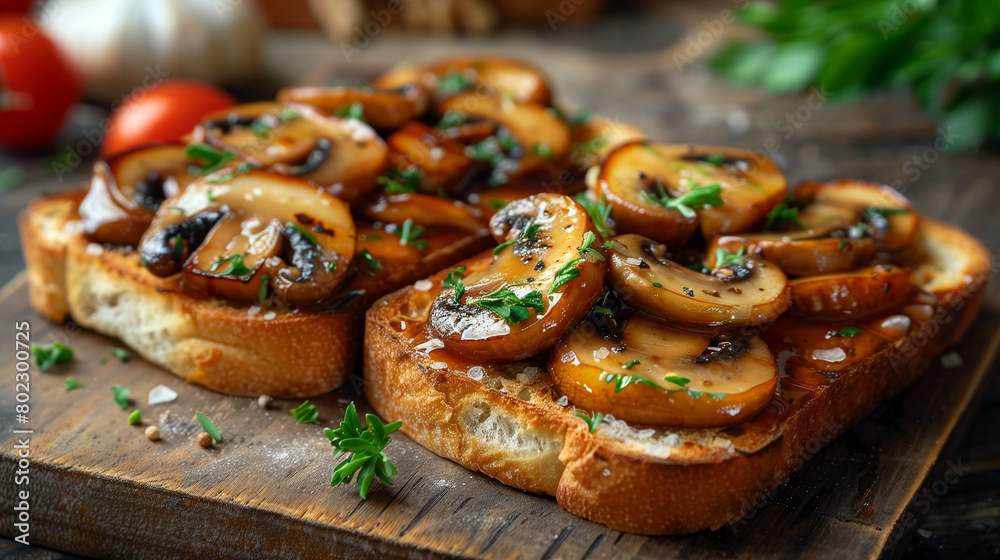 Toasted bread with mushrooms and parsley on a wooden table. Toasted bread with mushrooms and parsley on a wooden table.