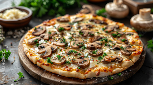 A pizza with mushrooms on a wooden table. 