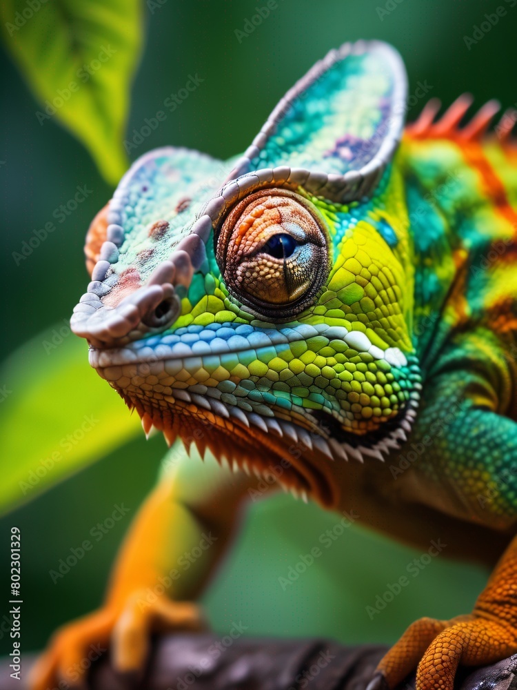 Obraz premium A captivating macro shot of a chameleon, its vibrant scales a stunning palette of greens, blues, and yellows. The creature’s intricate eye detail and textured skin are in sharp focus. 