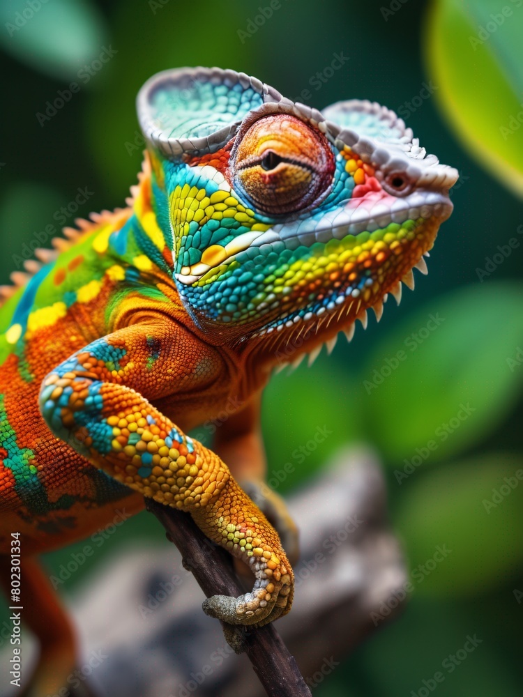 Obraz premium A captivating macro shot of a chameleon, its vibrant scales a stunning palette of greens, blues, and yellows. The creature’s intricate eye detail and textured skin are in sharp focus. 